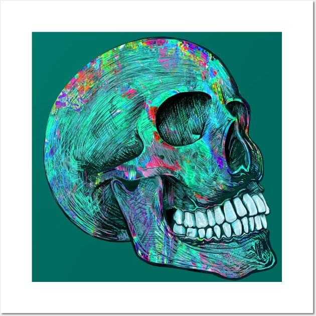 Smiling Turquoise Painters Skull Wall Art by Dual Rogue